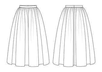 Vector fashion technical drawing of a gathered skirt with front and back view. Midi length. Hidden zipper. Woven fabric. - obrazy, fototapety, plakaty