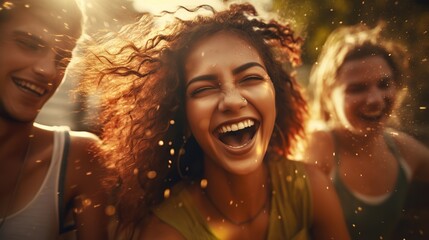 Group of happy friends enjoying outdoor activity together. image of friendship. copy space for text.