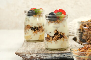 Healthy Breakfast,Delicious Granola with Fruits and Yogurt, Healthy, Vegeterian Fiber Food.