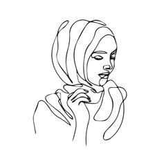 Continuous line drawing poster of hijab girl. Woman hijab one line drawing minimalist design