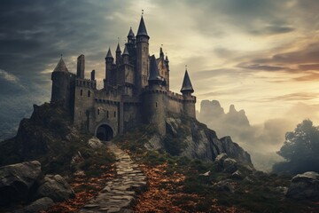Photo of a spooky haunted castle on a hilltop. Generative AI - obrazy, fototapety, plakaty