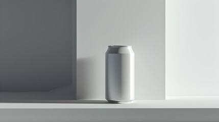 a product photography scene featuring a blank cold drink can, highlighting its sleek design and clean lines against a neutral backdrop