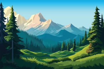 Keuken spatwand met foto illustration vector of mountain and green forest landscape with trees, wallpaper background © Arash