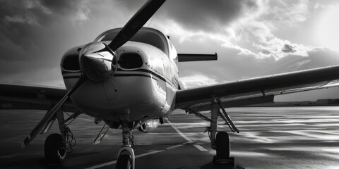 A black and white photo of a small plane. Can be used for aviation-related projects or...