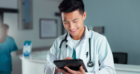 Tablet, healthcare doctor and happy man typing online research, check medicine study and smile for...
