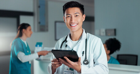 Tablet, healthcare doctor and happy Asian man with online research, medicine study and wellness...