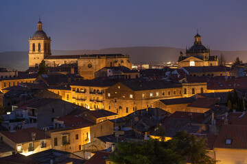 Naklejka premium Aerial view of the city of Ciudad Rodrigo illuminated at night, Salamanca, Castilla y León, Spain.