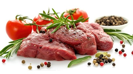 Fototapeta premium Fresh beef meat with spices, isolated on white background 