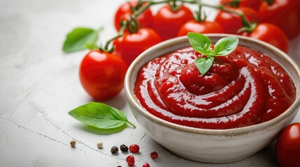 Fresh, organic tomato puree, isolated on white. Tomato cherry sauce in bowl, cooking concept. Healthy vitamin vegetables, vegan diet food condiment. Raw tasty cherry ketchup