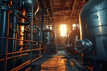 A picture of a large industrial factory with numerous pipes. This image can be used to depict manufacturing, industry, production, or infrastructure