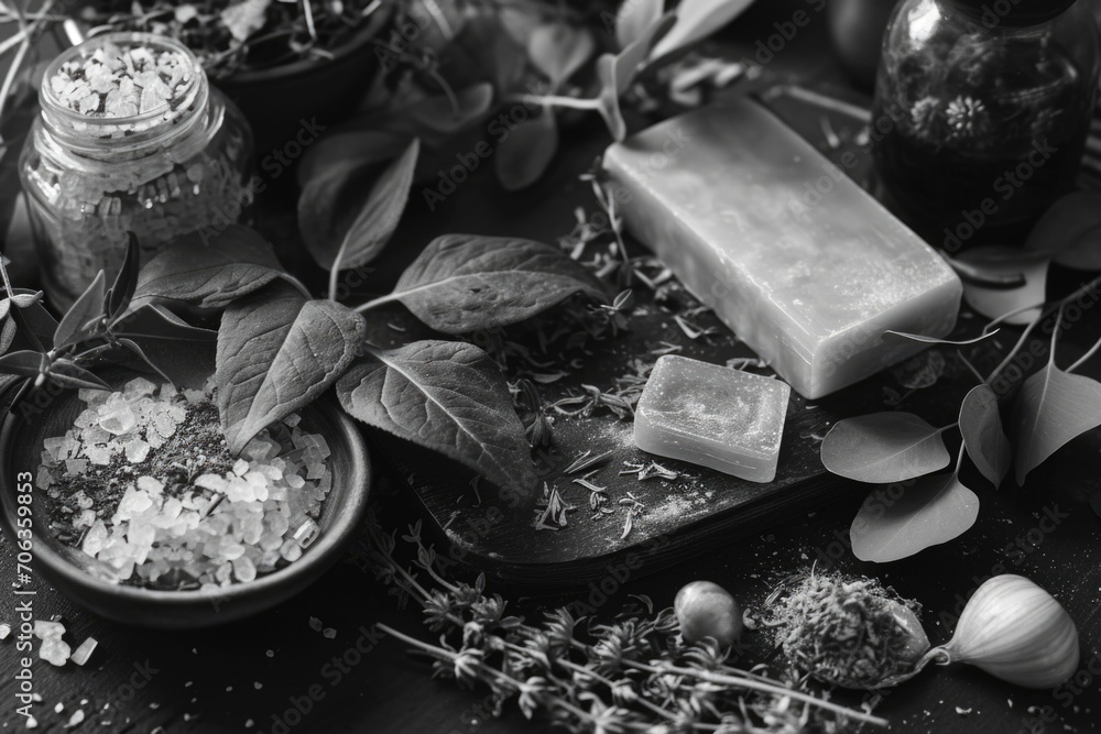 Poster a black and white photo showcasing various ingredients placed on a table. suitable for food and cook