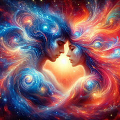 Twin flame couple. Soulmates. The concept of magical, esoteric, tantric, spiritual love. Connection between souls. Illustration for websites and much more. Created using generative ai tools.