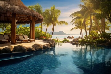 Photo of a tropical resort with poolside relaxation. Generative AI