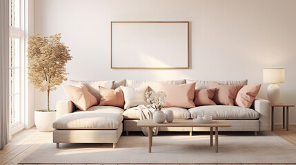 Mockup frame in modern living room interior, light beige and rose colors