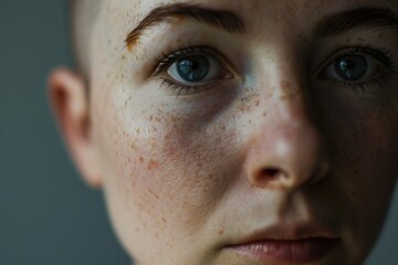 A close up view of a woman's face with natural freckles. This image can be used to represent natural beauty or as a portrait of a unique individual