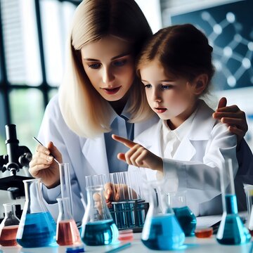 Cropped view of little boys and girls in scientist uniforms trying to use microscopes to do chemistry lab experiments in science class.
