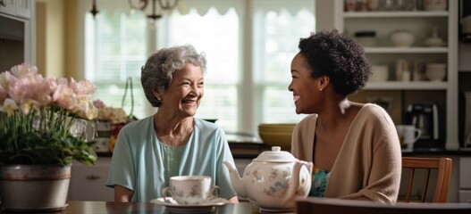 Intergenerational family bond with grandmother and granddaughter enjoying tea time. Family and relationships. - obrazy, fototapety, plakaty