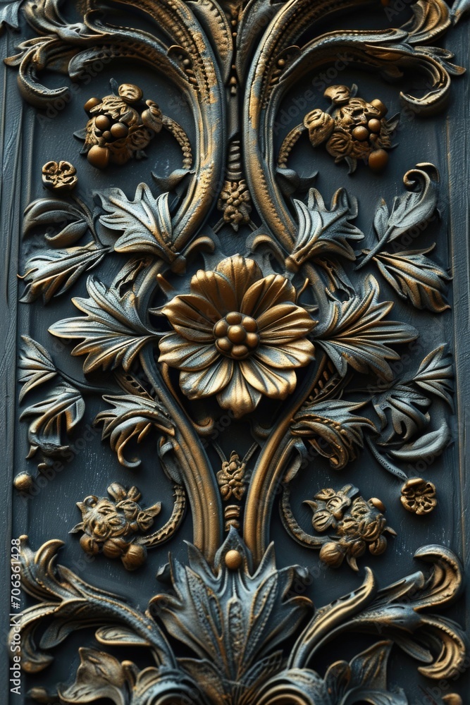 Poster A close-up view of a decorative design on a door. This image can be used to add an elegant touch to any project or to showcase intricate craftsmanship