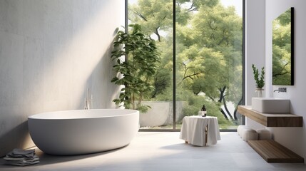 Fototapeta premium Modern contemporary bathroom with white wall and large windows, Looking out to see the garden view, Generative AI