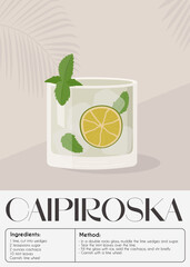 Caipiroska Cocktail garnished with slice of lime and mint. Classic alcoholic beverage recipe. Summer aperitif poster. Minimalist trendy print with alcoholic drink and palm shadow. Vector illustration.