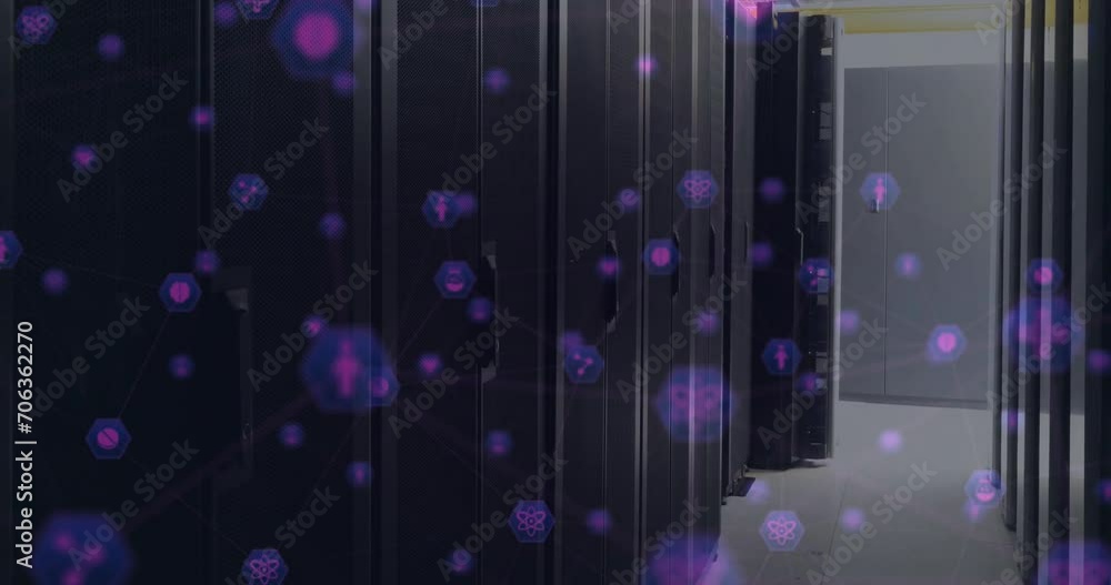 Poster animation of globe with connections and ai icons over computer servers