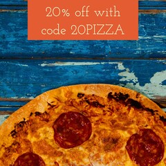 Composite of 20 percent off with code 20pizza text over plate with pizza