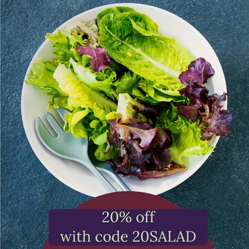 Composite of 20 percent off with code 20salad text over plate with vegetable salad