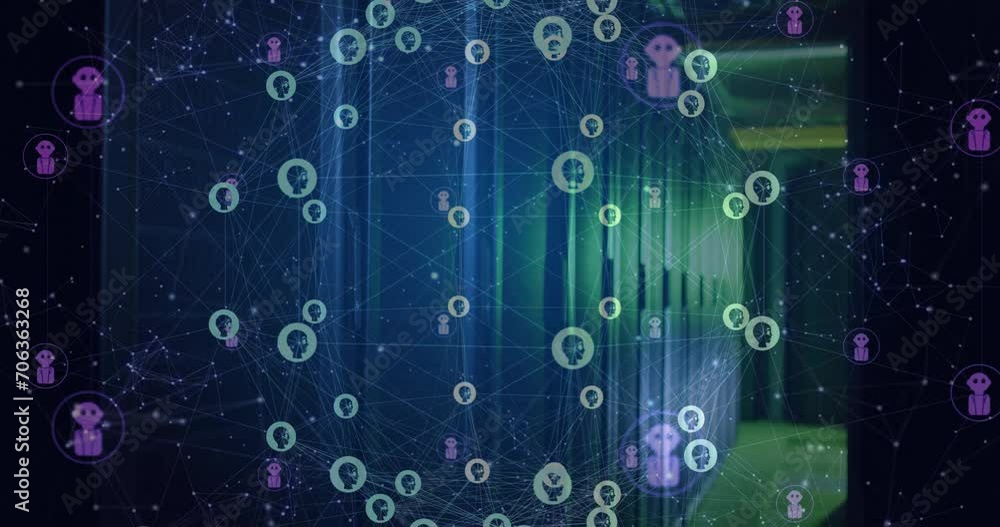 Poster animation of globe with connections and ai icons over computer servers