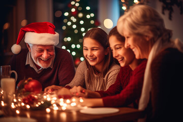 Family celebrating Christmas with Santa Claus at a festive dinner filled with joy.