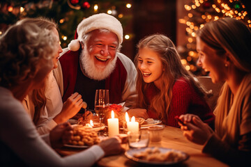 Obraz na płótnie Canvas Family celebrating Christmas with Santa Claus at a festive dinner filled with joy.