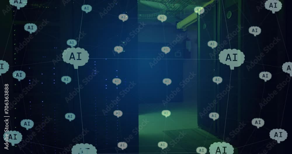Poster animation of globe with connections and ai icons over computer servers