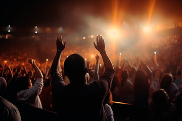 Euphoric crowd raising hands at a brightly lit night concert.