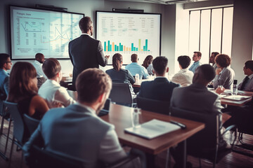 Fototapeta premium Professional presenting analysis and strategies at a business meeting.