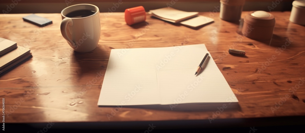 Wall mural Caffeinated paper with handwritten reminders on an empty desk.