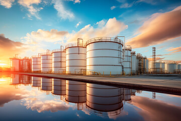 Oil storage tanks reflected on water at sunset.