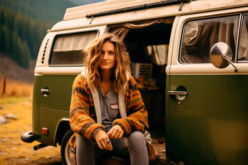 Smiling woman sitting at the entrance of a retro camper van in the mountains.