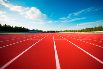 Empty athletics track with marked red lines and a perspective that invites competition.