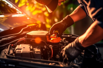 Mechanic working on a car engine, focus on hands and work gloves, outdoors.
