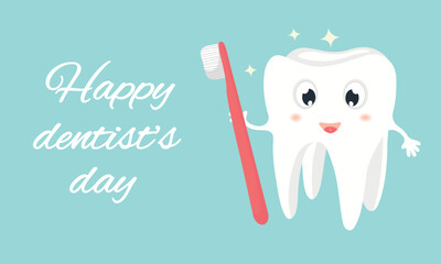 Dentist happy day poster. Dentistry banner on blue background. Dentist office, dental healthcare concept, oral hygiene. Orthodontics clinic vector illustration.