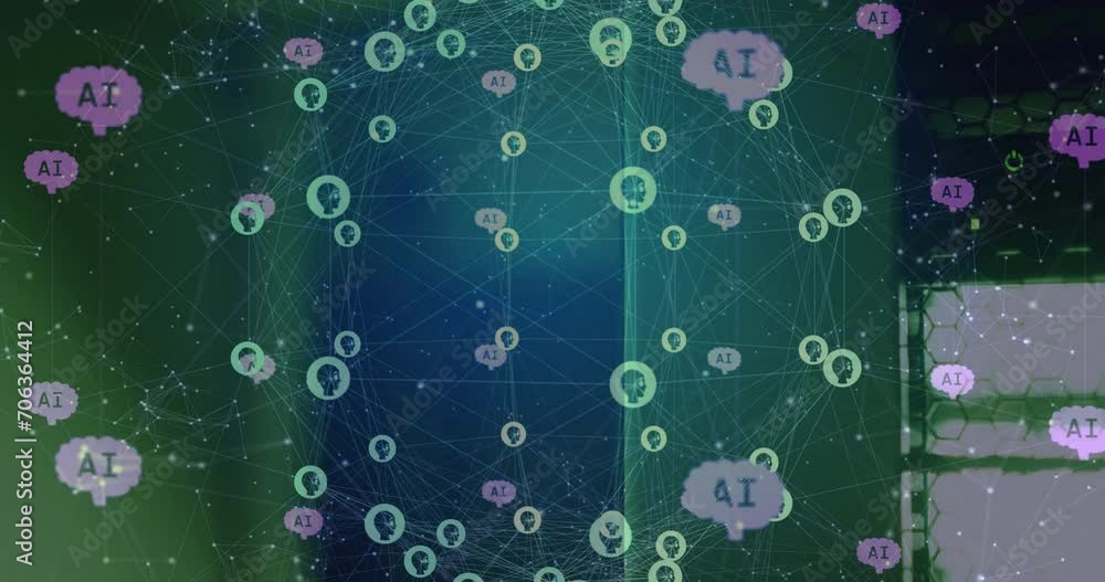 Poster animation of globe with connections and ai icons over computer servers