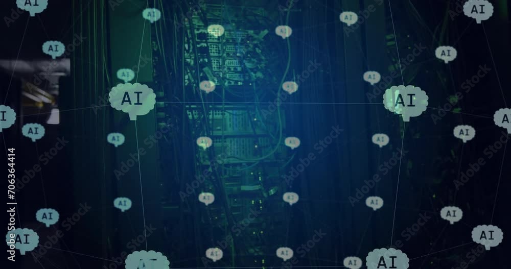 Poster animation of globe with connections and ai icons over computer servers