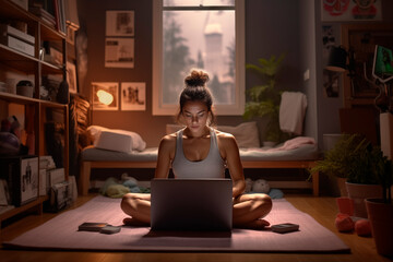 Individual meditating at home in front of a laptop, in an ambiance of tranquility and focus.