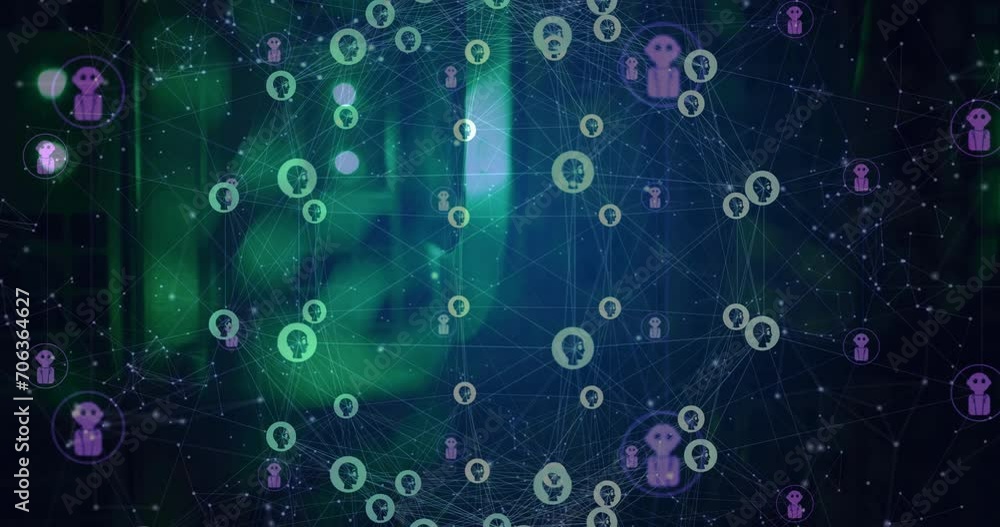 Poster animation of globe with connections and ai icons over computer servers