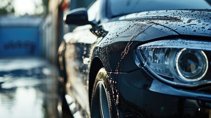 A close up of a car with water covering its surface. Suitable for illustrating rainy weather or car maintenance concepts