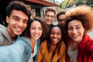Diverse group of smiling friends taking a selfie together, highlighting friendship and youthful joy.
