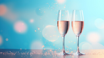 Two champagne glasses toasting, with bubbles and sparkles on a dreamy blue background.