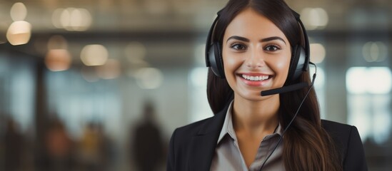 Happy woman in a call center wearing headset, smiling for the camera.