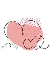 Hearts with abstract pink spots. Line art, one stroke, continuous line. Postcard, valentine, congratulation, Valentine's Day. Vector