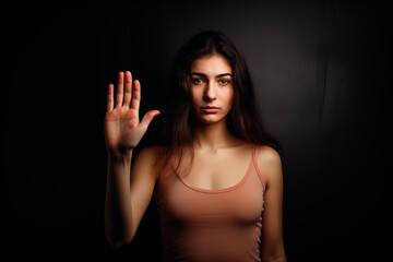 Serious woman making a stop gesture with her hand, standing out against a dark background.