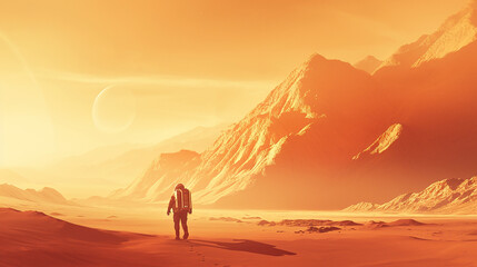 Astronaut man walks in the desert with mountains in Mars. Journey to the red planet. Landscape of the red planet Mars. Made with generative ai
